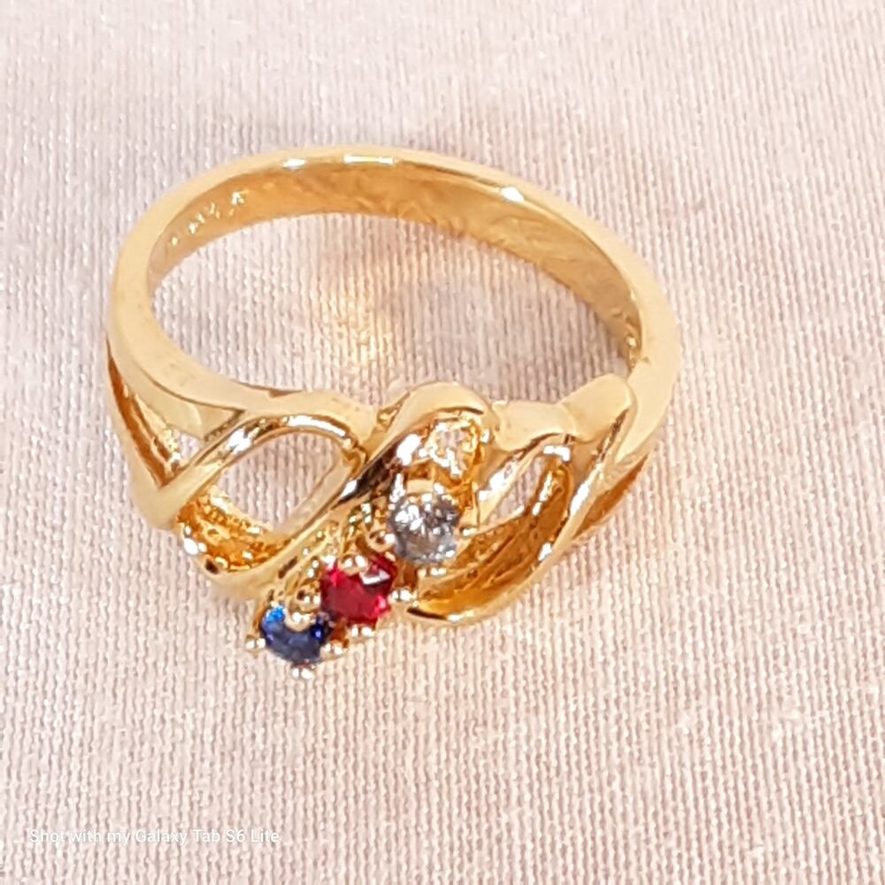 💎Red White Blue Stone Ring On Gold Tone Open Prong Setting Sample